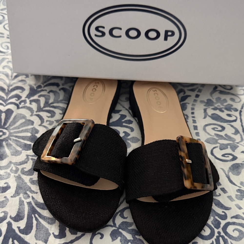 Scoop NYC Black Sandals with Tortoise Buckle